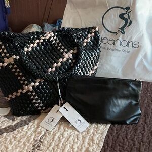 Black and Pink Woven Shoulder Bag Set